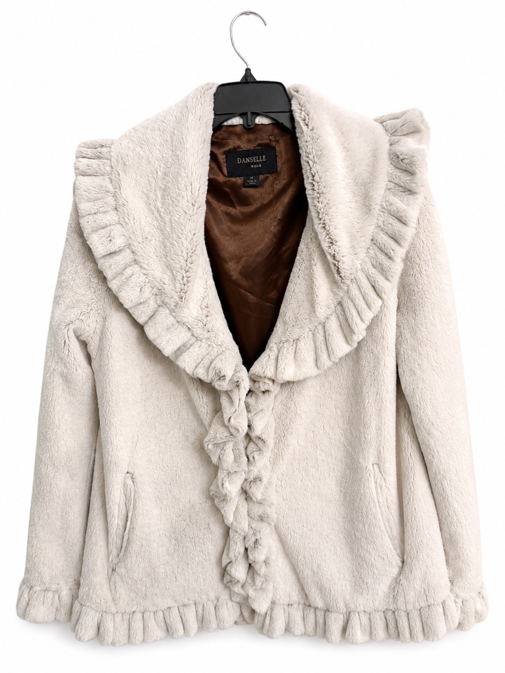 Damselle New York White Brown Faux Fur Ruffle Swing Coat Jacket Medium